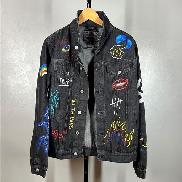 Brooklyn Cloth Black Jean Jacket with Colorful Patches - Picture 1 of 8